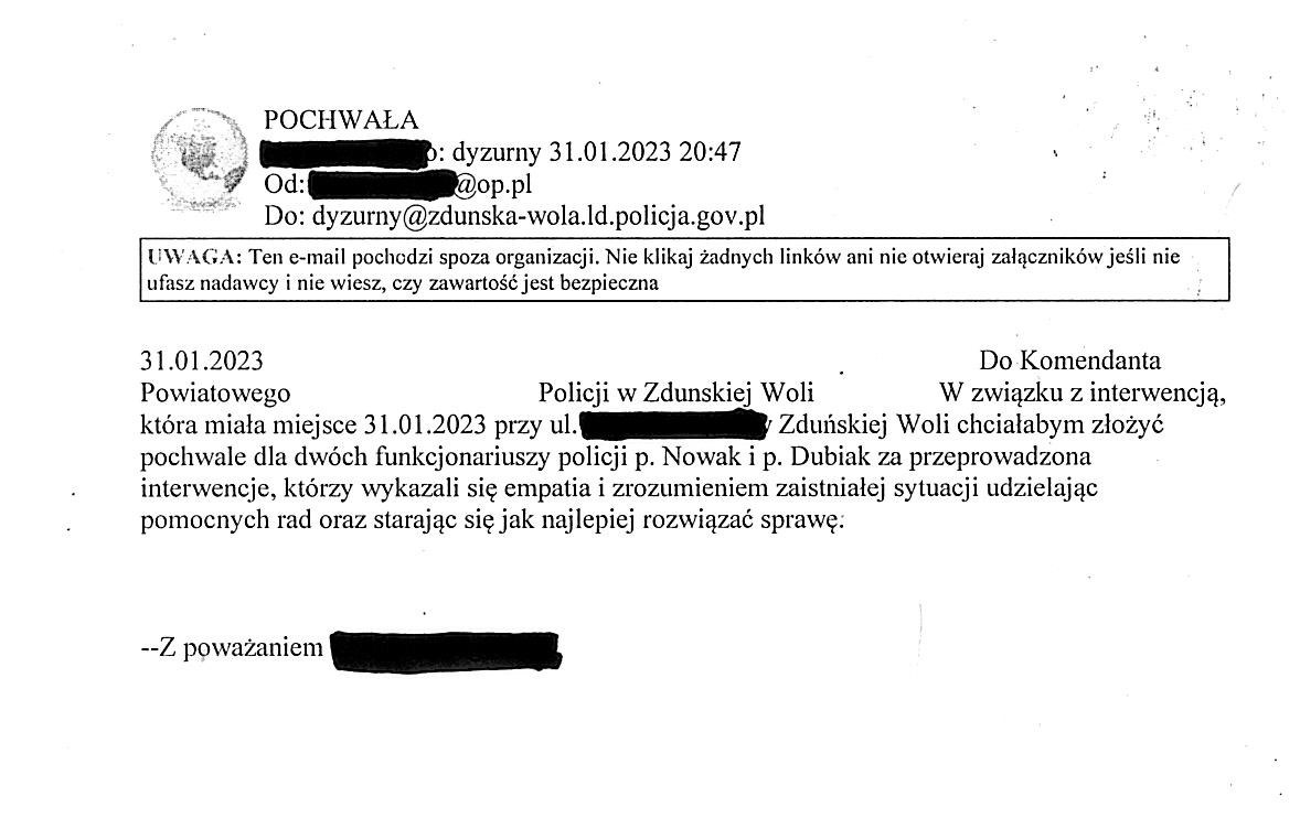 treść podziękowań dla dzielnicowych