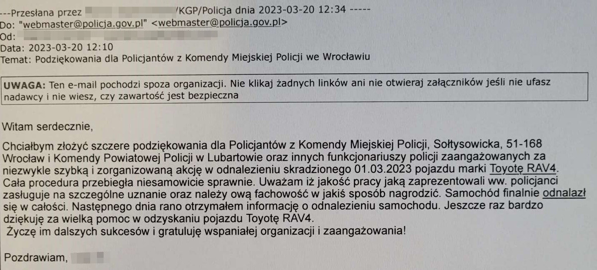 mail z podziękowaniami