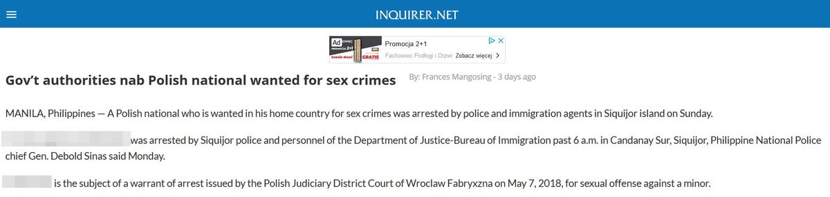 Publikacja na temat zatrzymania mężczyzny na stronie internetowej jednego z filipińskich mediów