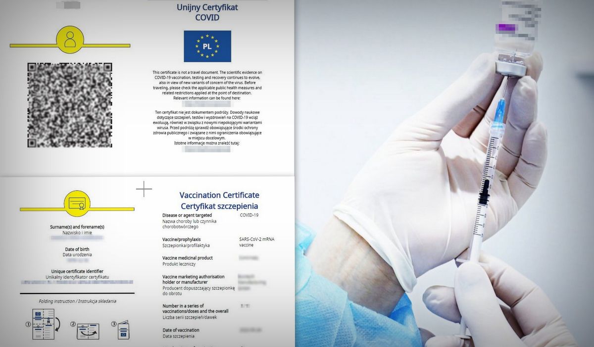Kolaż dwóch zdjęć. Na zdjęciu z lewej strony certyfikaty szczepienia, na zdjęciu z prawej strony dłonie w lateksowych rękawiczkach trzymające strzykawkę i szczepionkę