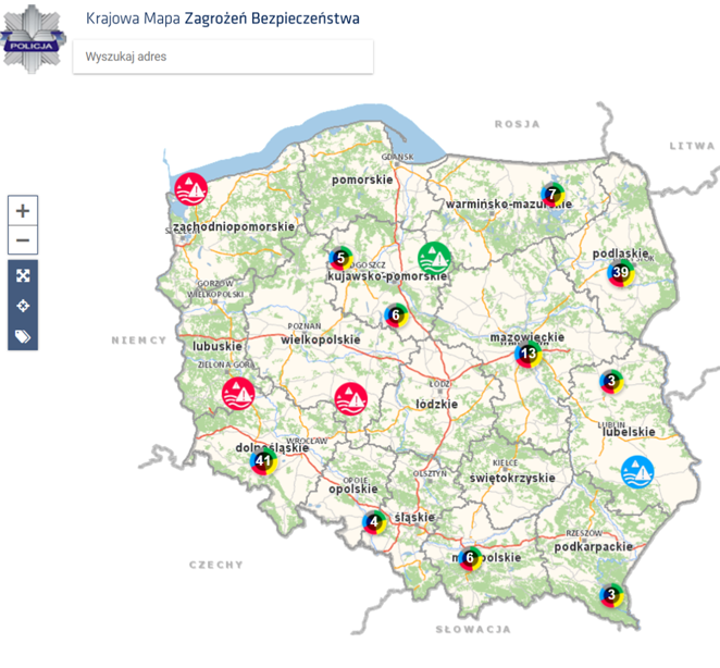 Zrzut ekranu przezentujący Krajową Mapę Zagrożeń Bezpieczeństwa