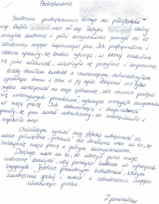 zdjęcie listu z podziękowaniami dla policjantów