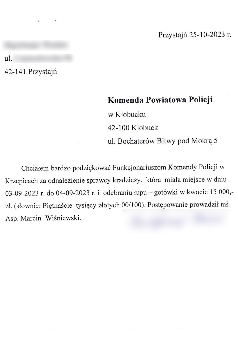 zdjęcie przesłanych podziękowań dla policjantów