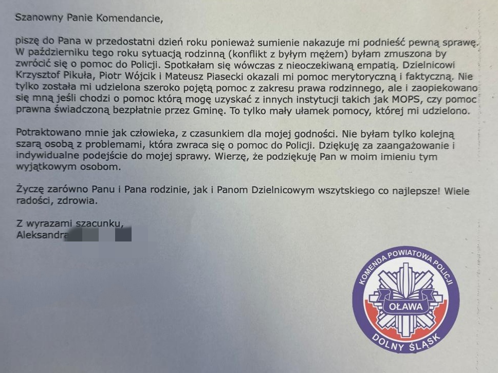 zdjęcie przezsłanego listu z podziękowaniami