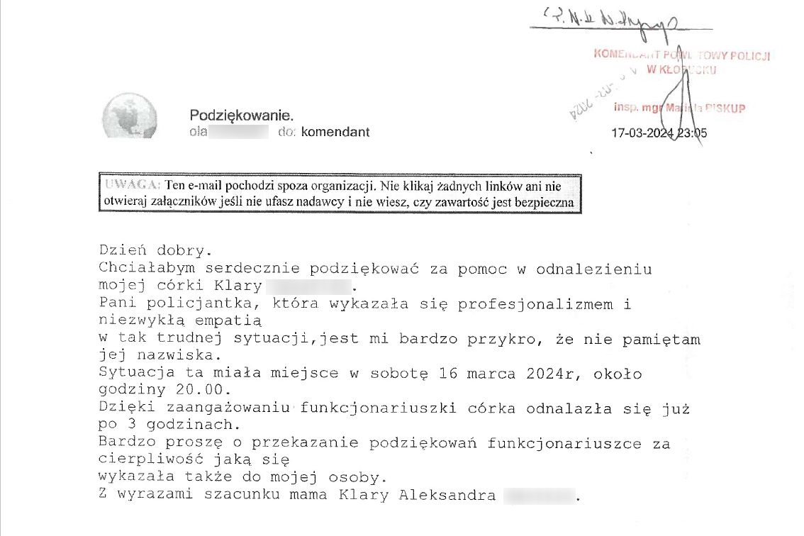 zdjęcie przesłanych podziękowań dla policjantki