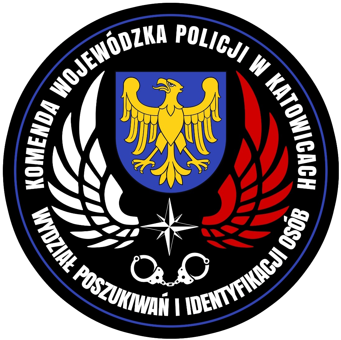 Plakietka z napisem Komenda Wojewódzka Policji w Katowicach Wydział Poszukiwań i Identyfikacji Osób
