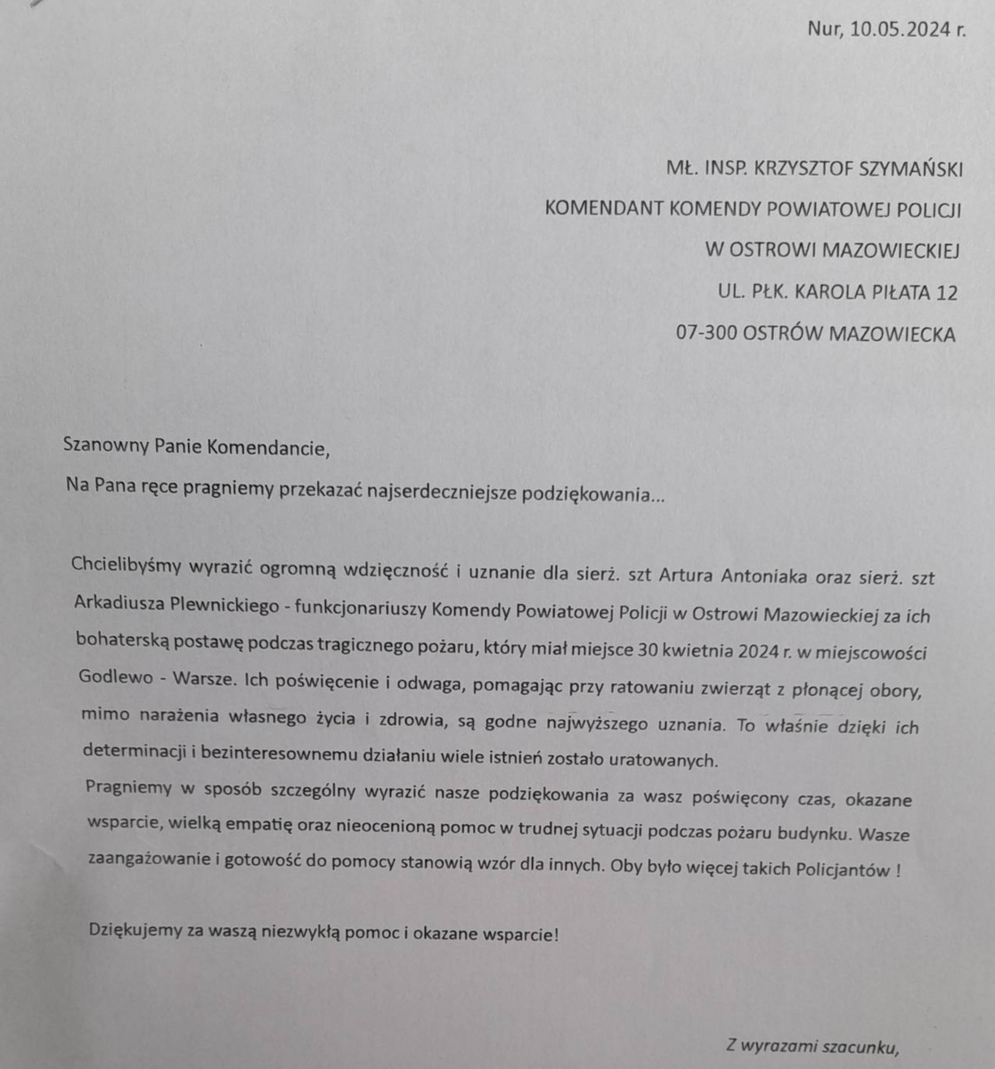 zdjęcie listu z podziękowaniami dla policjantów