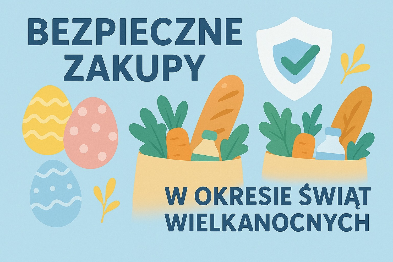 Grafika z napisem Bezpieczne zakupy w okresie świąt wielkanocnych. W tle papierowe torby z zakupami i pisanki.