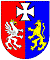 Herb województwa podkarpackiego: tarcza dwudzielna w słup, srebrny gryf w lewym czerwonym polu, złoty lew w prawym błekitnym polu.