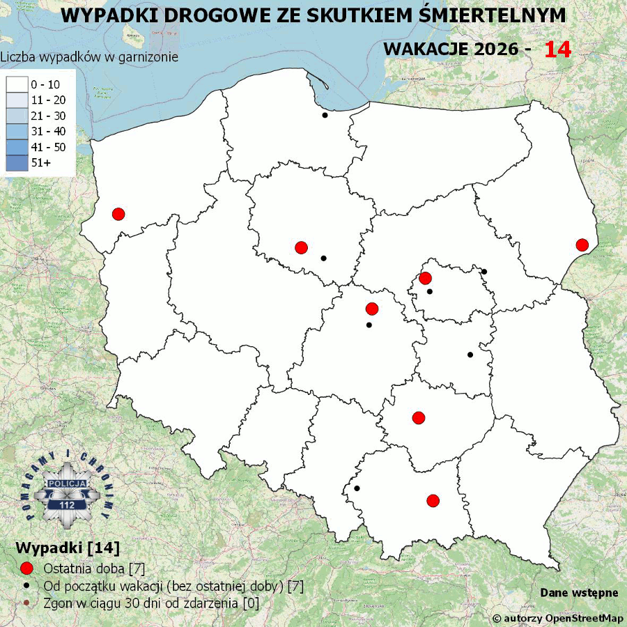 Policyjna Mapa Wypadków Drogowych Ze Skutkiem Śmiertelnym – Wakacje 2026 1 Mapa Prezentująca Liczbę Wypadków Poprzedniej Doby W Polsce. Prezentowane Dane Są Dostępne W Tekście Poniżej.