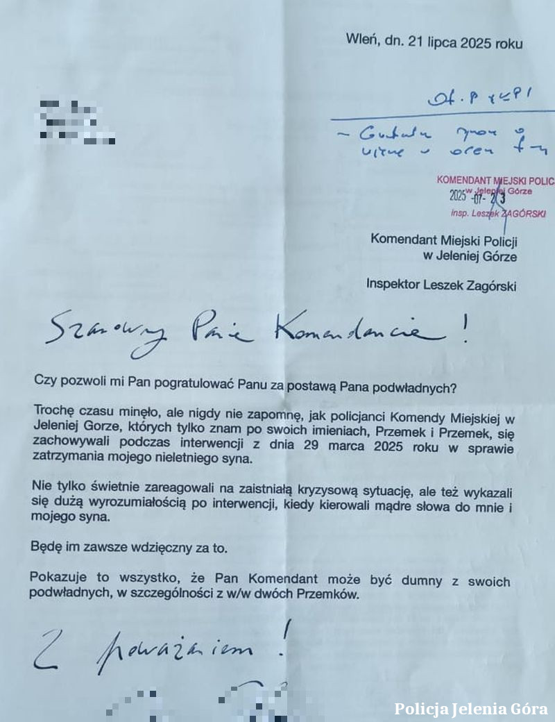 List z podziękowaniami.