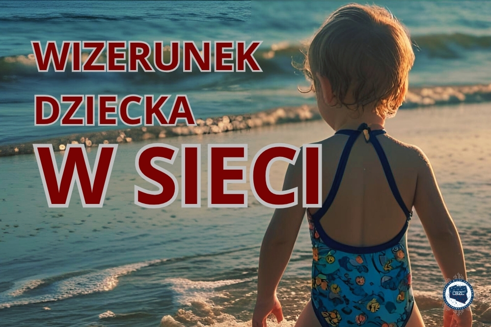 Dziecko w stroju kąpielowym nad wodą. Z boku widoczny napis: Wizerunek dziecka nad wodą. Z prawej strony logo CBZC.