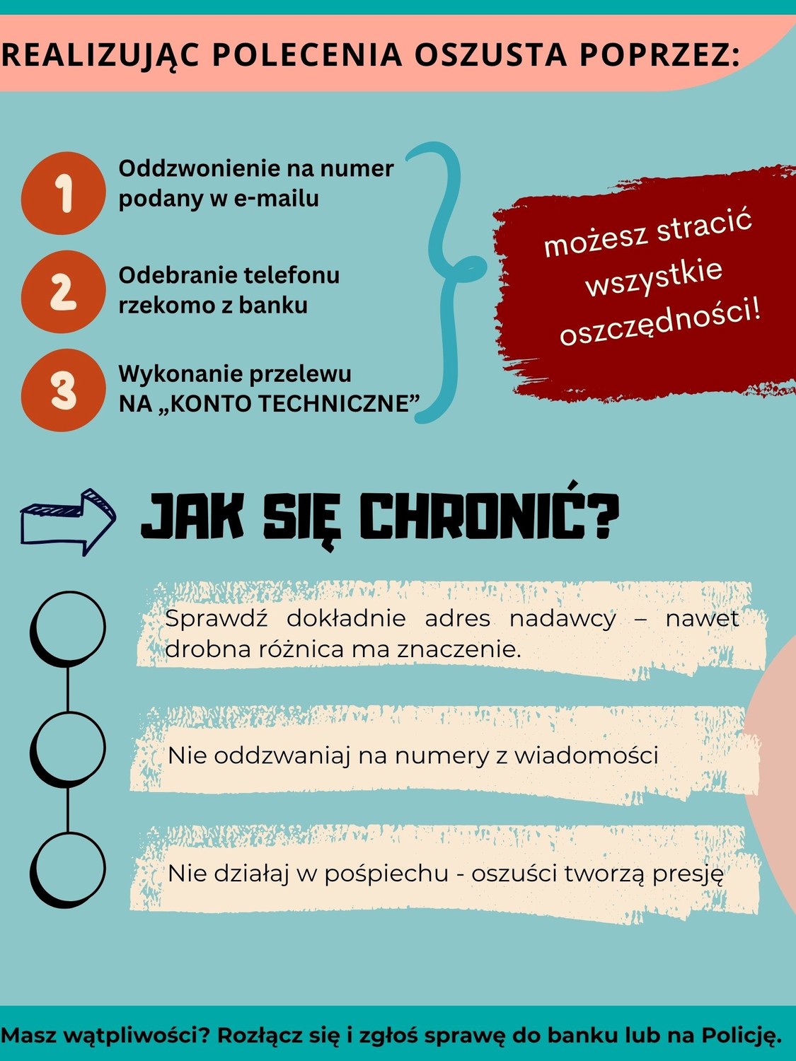 Infografika z poradami jak się nie dać się oszukać: Realizując polecenia oszusta poprzez: 1. Oddzwonienie na numer podany w e-mailu 2. Odebranie telefonu rzekomo z banku 3. Wykonanie przelewu na „konto techniczne” Możesz stracić wszystkie oszczędności! Jak się chronić? Sprawdź dokładnie adres nadawcy – nawet drobna różnica ma znaczenie. Nie oddzwaniaj na numery z wiadomości Nie działaj w pośpiechu - oszuści tworzą presję Masz wątpliwości? Rozłącz się i zgłoś sprawę do banku lub na Policję.