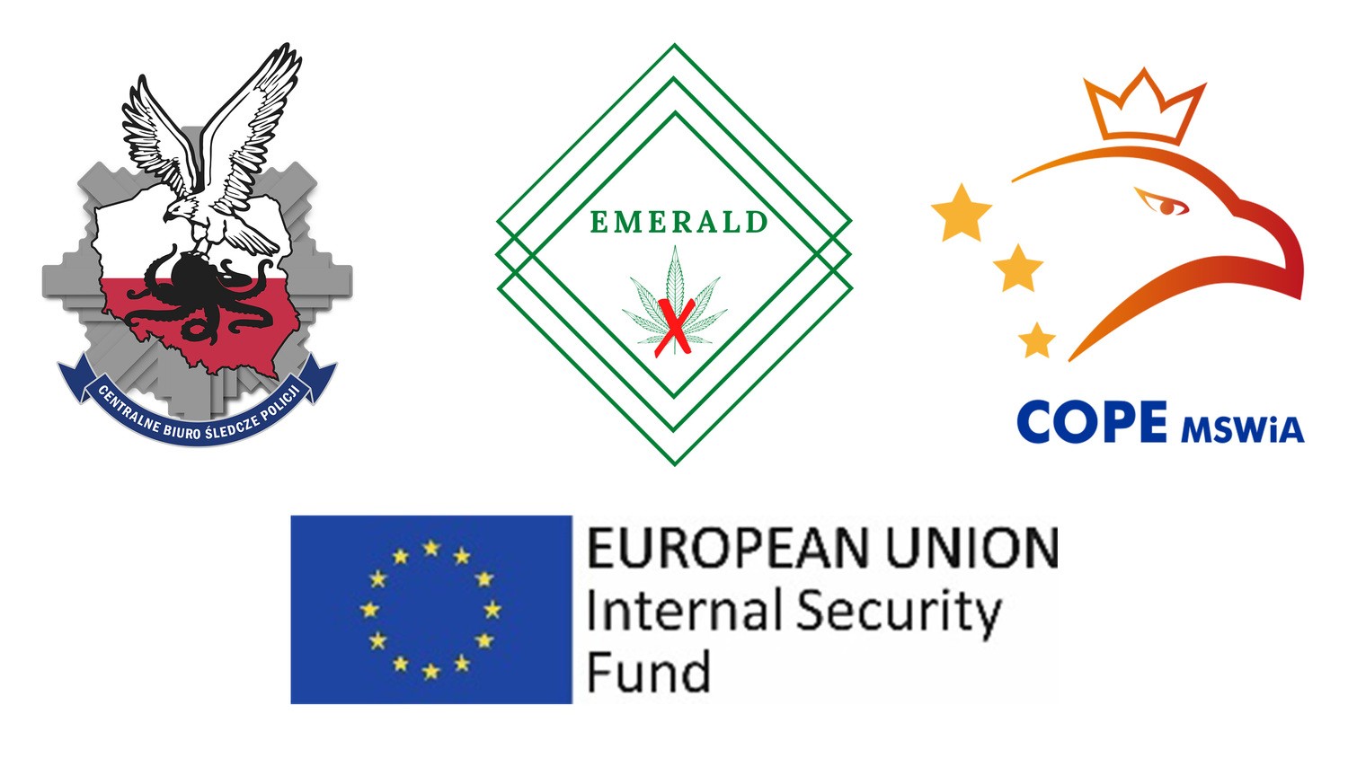 Logo CBŚP, COPE MSWiA, EMERALD, Unii Europejskiej.