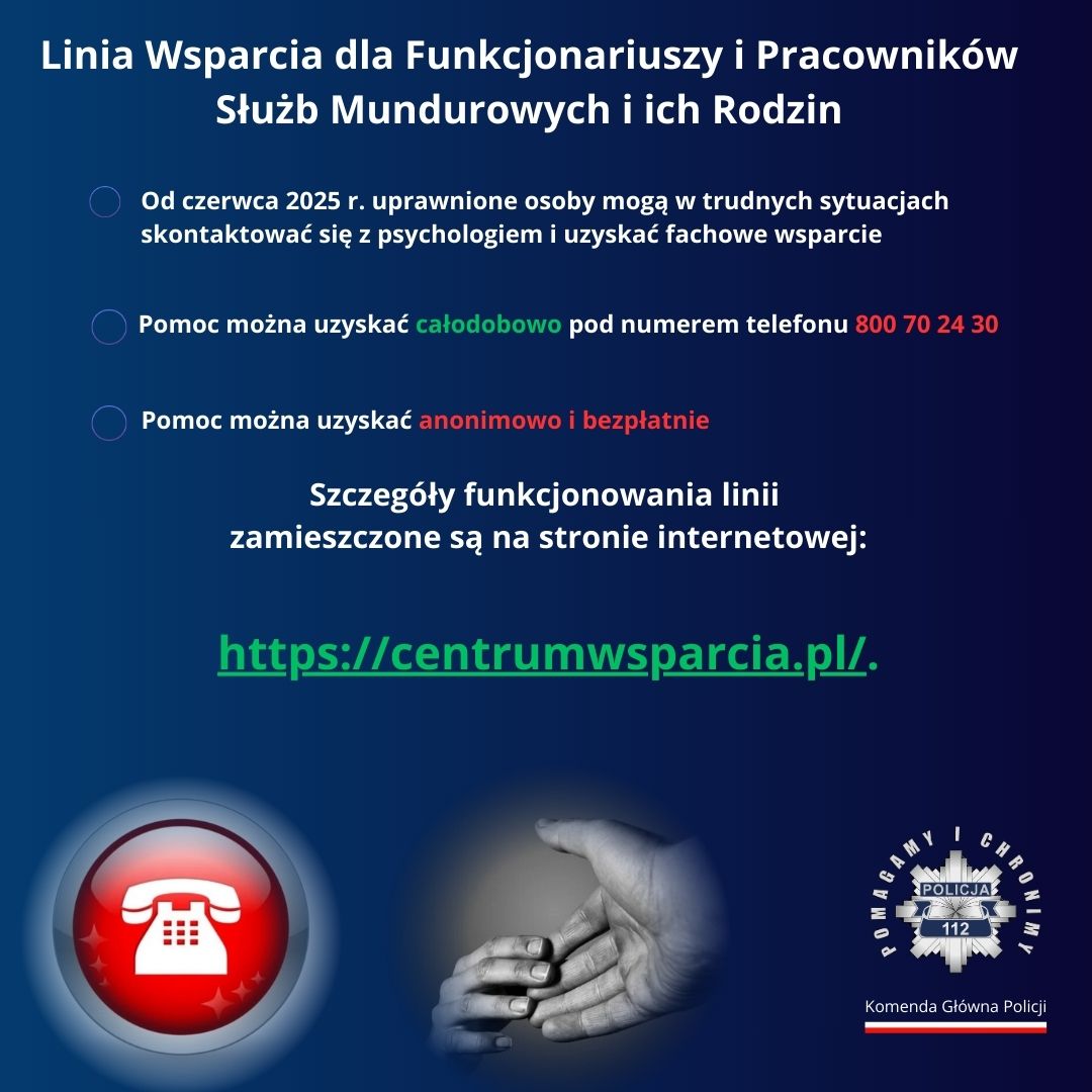 Grafika przedstawia informacje dotyczące linii wsparcia dla funkcjonariuszy słuzb mundurowych. Informace zawarte na grafice znajdują się w tekście.