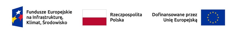 Obraz przedstawia logo programu: odwrócony pod kątem 90 stopni ciemnoniebieski stożek, w który wpisane zostały trzy gwiazdy układające się w trójkąt - żółta, biała i czerwona. Obok logotypu widnieje napis w trzech wersach: Fundusze Europejskie na Infrastrukturę, Klimat i Środowisko. Obok napisu znajduje się flaga Rzeczpospolitej Polski, obok której umieszczony został napis: Rzeczpospolita Polska. Obok napisu znajduje się napis: Dofinansowane przez Unię Europejską a obok flaga Unii Europejskiej.