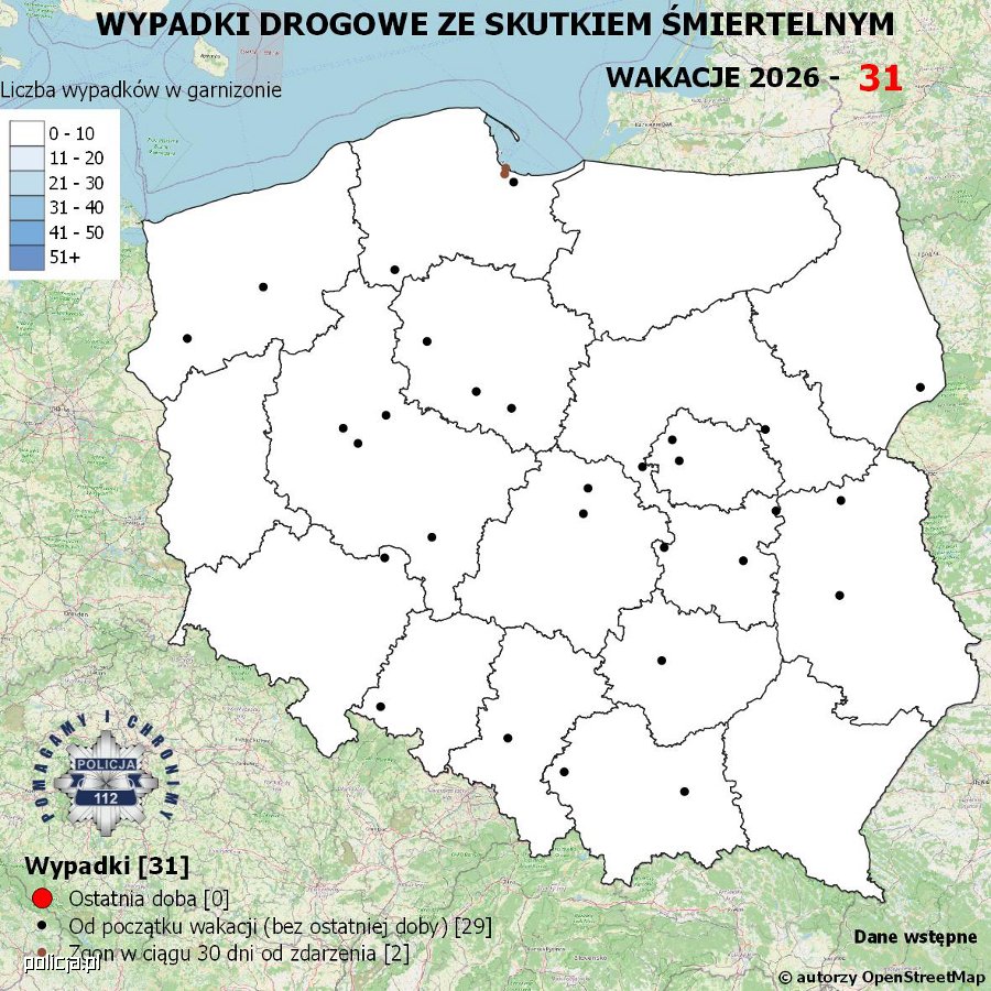 Mapa prezentująca liczbę wypadków poprzedniej doby w Polsce. Prezentowane dane są dostępne w tekście poniżej.