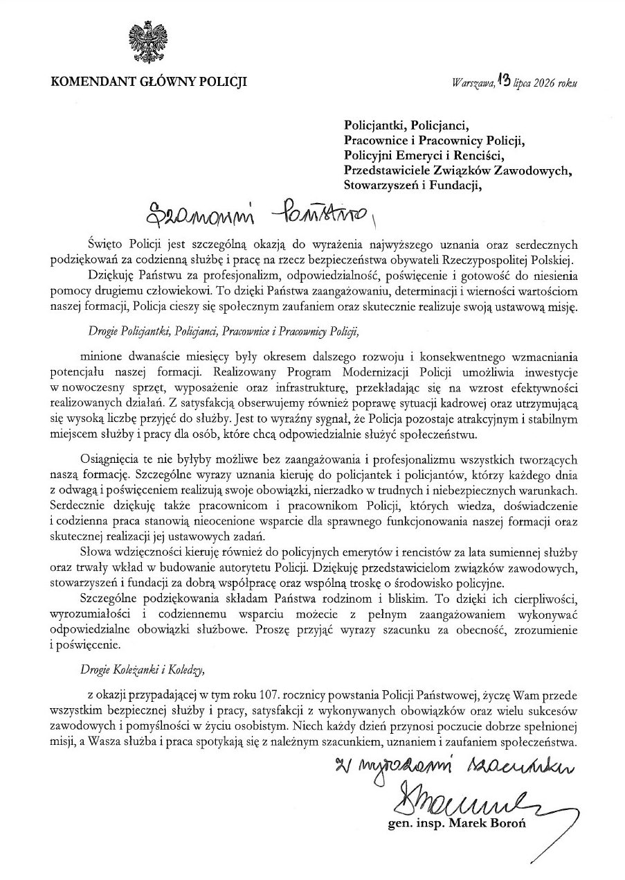 Życzenia Komendanta Głównego Policji z okazji Święta Policji. Wersja dostępna cyfrowo w załączniku.