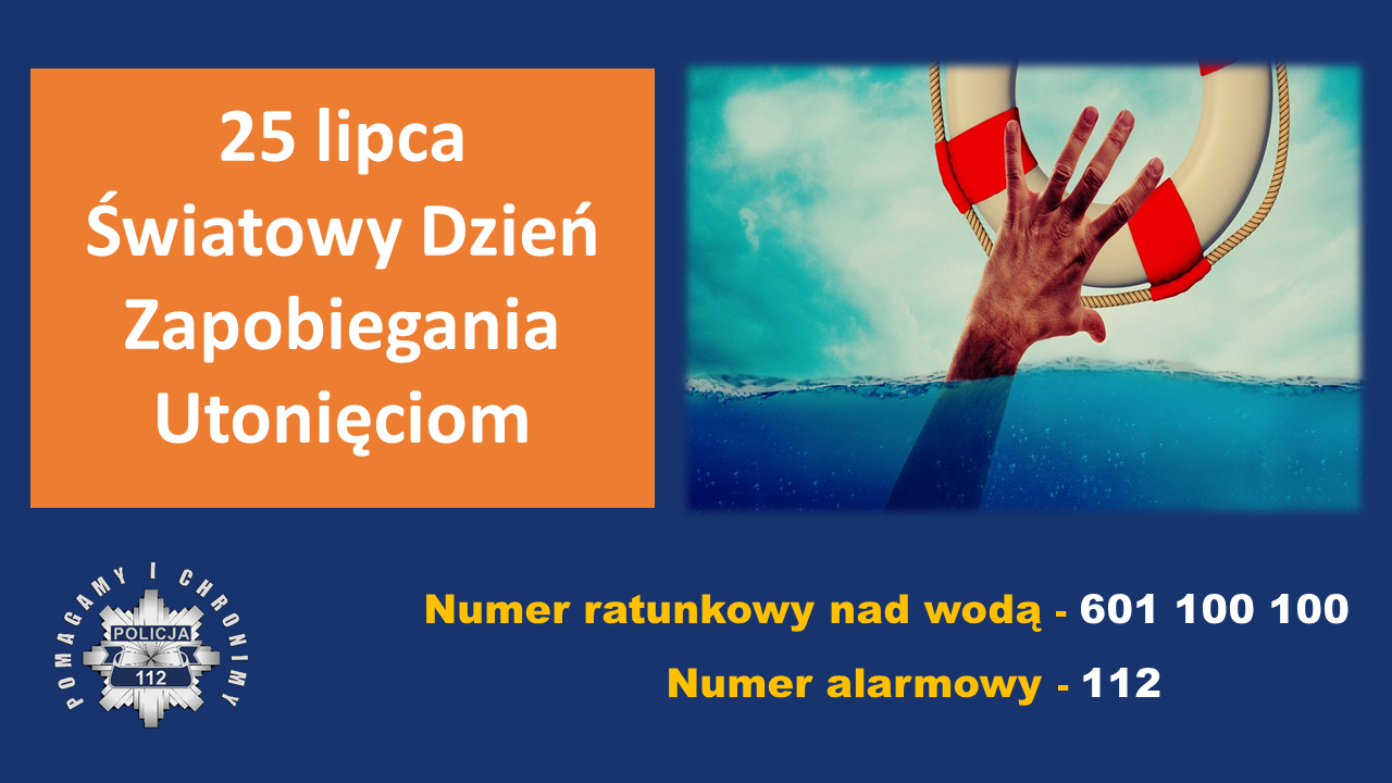 Grafika informacyjna. 25 lipca Światowy Dzień Zapobiegania. Numery telefonów: 601 100 100 - numer alarmowy Centrum Koordynacji Ratownictwa Wodnego Ochotniczego Pogotowia Ratunkowego (WOPR), 112 - numer alarmowy. Po prawej stronie ręka wystająca z wody sięgająca do koła ratunkowego.