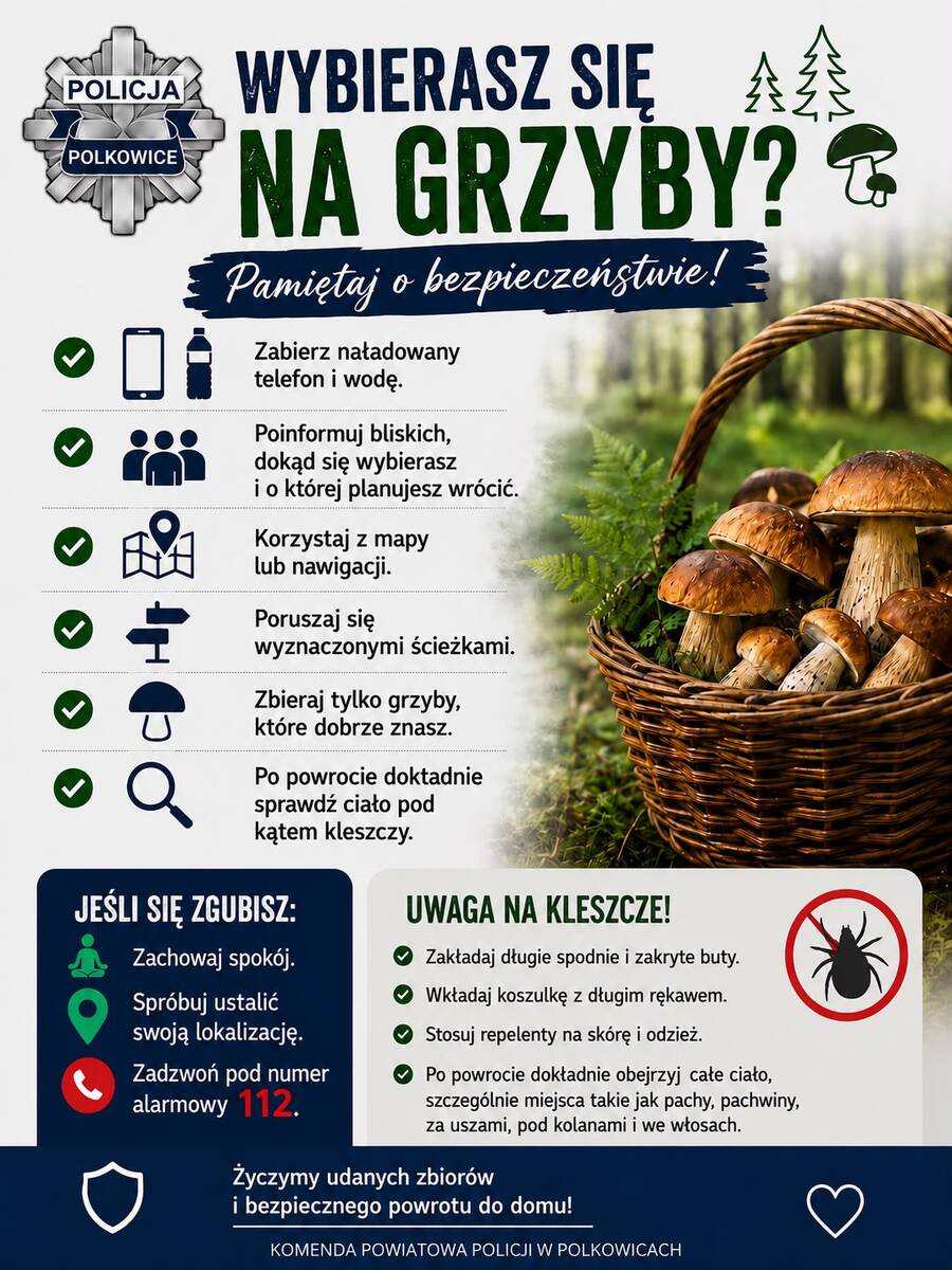 Plakat informujący o bezpieczeństwie podczas grzybobrania.