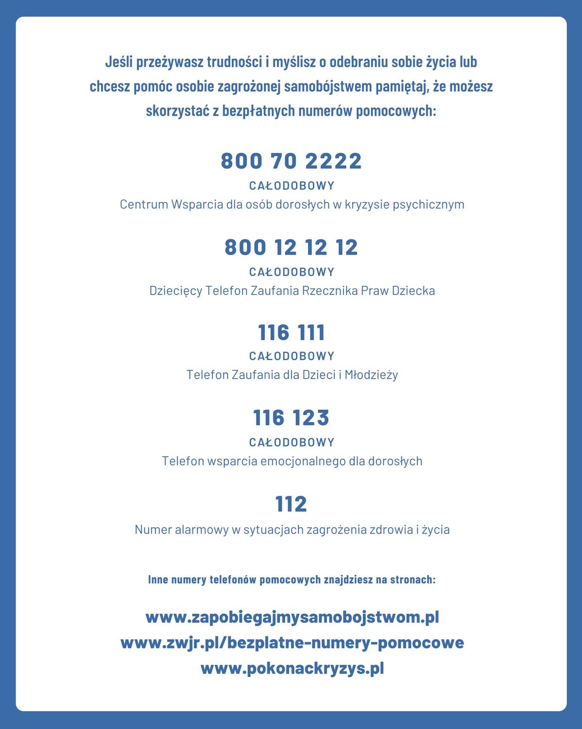 Ramka pomozowa z numerami do instytucji pomocowych.