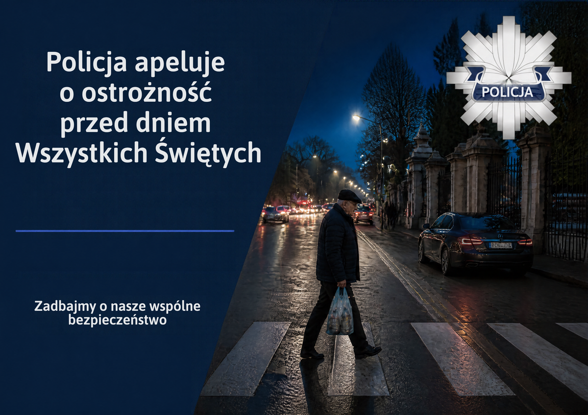 Grafika przedstawia apel: Policja apeluje o ostrozność przed dniem Wszystkich Świętych. Po prawej stronie starszy męzczyna przechodzi przez ulicę przejściem dla pieszych. Zmrok.