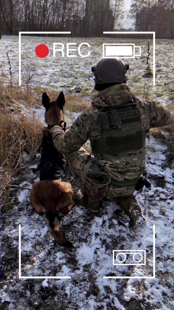 Policjant ze swoim psem widziani przez obiektyw kamery.