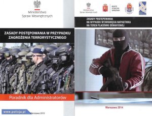 strona tytułowa poradnika: Zasady postępowania w przypadku zagrożenia terrorystycznego z 2015 roku i Zasady postępowania na wypadek wtargnięcia napastnika na teren placówki oświatowej z 2014 roku