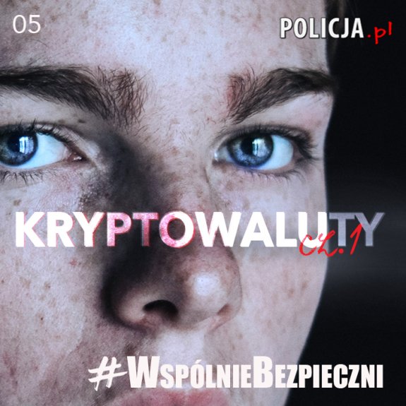 Zbliżenie na twarz młodego człowieka. Na środku napis Kryptowaluty.