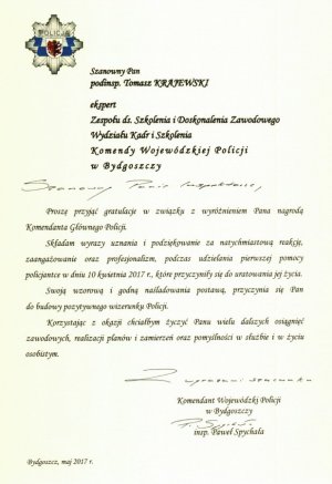 Podinsp. Tomasz Krajewski wyróżniony przez Komendanta Głównego Policji