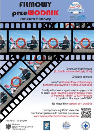 plakat konkursowy z dziećmi i napisem: Filmowy przeWODNIK konkurs filmowy i logo akcji Kręci mnie bezpieczeństwo...nad wodą