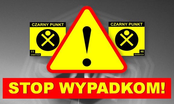 Plakat z hasłem STOP WYPADKOM, z przodu znak ostrzegawczy z wykrzyknikiem, z tyłu po bokach dwa znaki CZARNY PUNKT