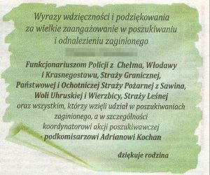 Podziękowania dla służb od rodziny zaginionego mężczyzny