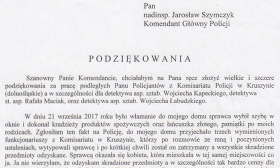 Podziękowania dla policjantów z komisariatu w Kruszynie z powiatu bolesławieckiego