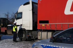 policjant przy samochodzie ciężarowym