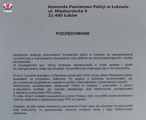 Podziękowania dla łukowskich policjantów