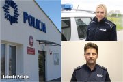 Zbitka trzech zdjęć: Posterunek Policji w Przytocznej, policjantka w mundurze na tle radiowozu i policjant w mundurze