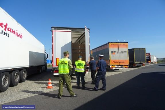 Policjant oraz funkcjonariusze innych służb stoją przy kontrolowanej ciężarówce podczas otwierania tylnych drzwi naczepy