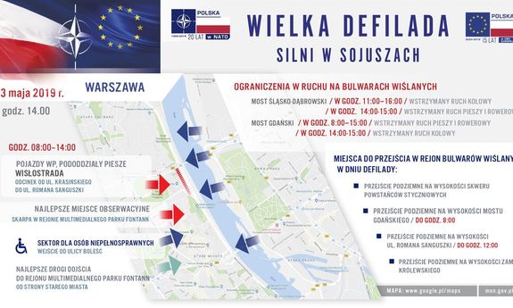 grafika przedstawiająca organizację ruchu kołowego i pieszego w dniu defilady &quot;Silni w sojuszach&quot;