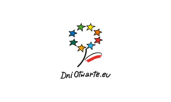 logo dni otwartych EU - kwiat stylizowany, składający się z 8 kolorowych gwiazdek i listka z biało-czerwonej flagi