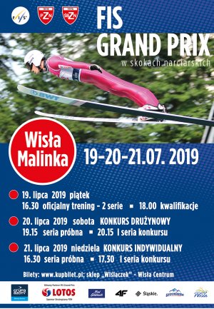 plakat, na którym znajdują się informacje dotyczące zawodów narciarskich Letnie Grand Prix w Skokach Narciarskich Wisła 2019