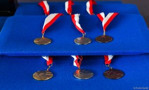 2. Zdjęcie przedstawia medale wręczane wyróżnionym w zawodach.
