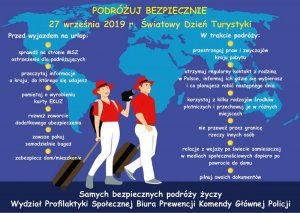 grafika informująca jak bezpieczenie podróżować , w tle mapa świata i para turystów z walizkami