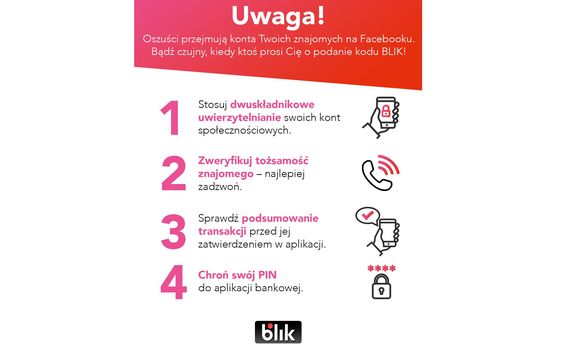 Infografika z białym napisem na czerwonym tle: UWAGA! Oszuści przejmują konta Twoich znajomych na Facebooku. Bądź czujny kiedy ktoś prosi Cię o podanie kodu BLIK!
Poniżej czarne i różowe napisy na białym tle w punktach:
Punkt pierwszy: Stosuj dwuskładnikowe uwierzytelnianie swoich kont społecznościowych. Z boku rysunek dłoni, która trzyma telefon komórkowy a na jego ekranie narysowana jest kłódka.
Punkt drugi: Zweryfikuj tożsamość znajomego - najlepiej zadzwoń. Z boku rysunek słuchawki.
Punkt trzeci: Sprawdź podsumowanie transakcji przed jej zatwierdzeniem w aplikacji. Z boku rysunek - komórka w dłoni i znak pozytywnego wyróżnienia.
Punkt czwarty: Chroń swój PIN do aplikacji bankowej. Z boku rysunek kłódki i nad nią cztery gwiazdki.
Pod spodem logo z napisem BLIK.