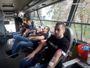 Trzech policjantów w ubraniach cywilnych oddaje krew w specjalistycznym autokarze