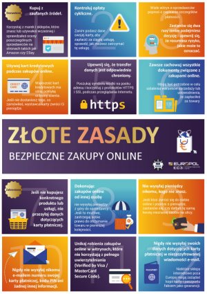 grafika przedstawiająca zasady bezpiecznych zakupów w internecie, podsumowująca zasady opisane na poprzednich zdjęciach