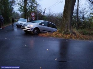 samochód biorący udział w wypadku znajduje się w rowie.