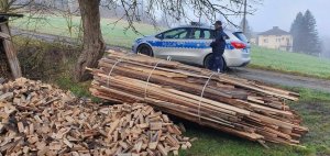 policyjny radiowóz przy którym stoi policjant, obok leży drewno na opał