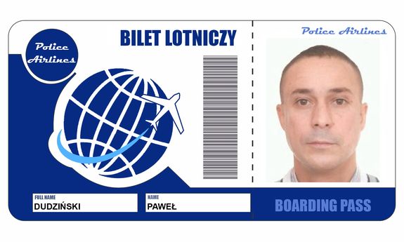 Stylizowany bilet lotniczy z podobizną poszukiwanego