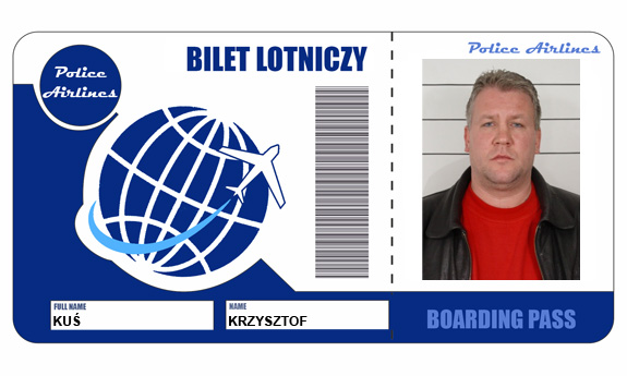 Stylizowany bilet lotniczy z podobizną poszukiwanego